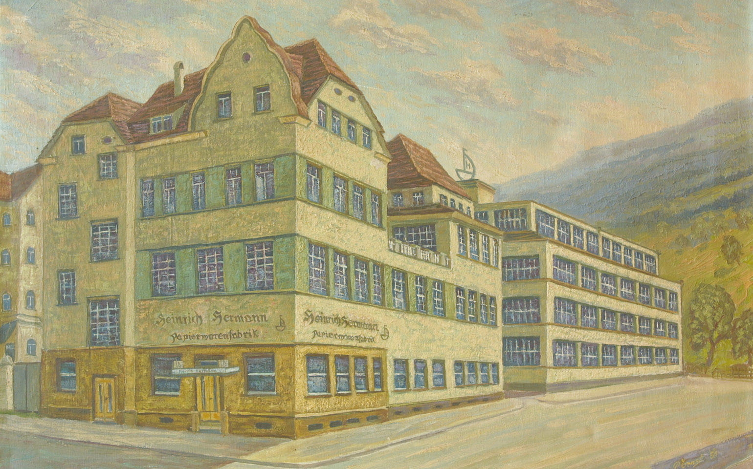 Historic building with several floors, windows, and a sign displaying the name 'Johann Hermann.' In the background, gentle hills can be seen.